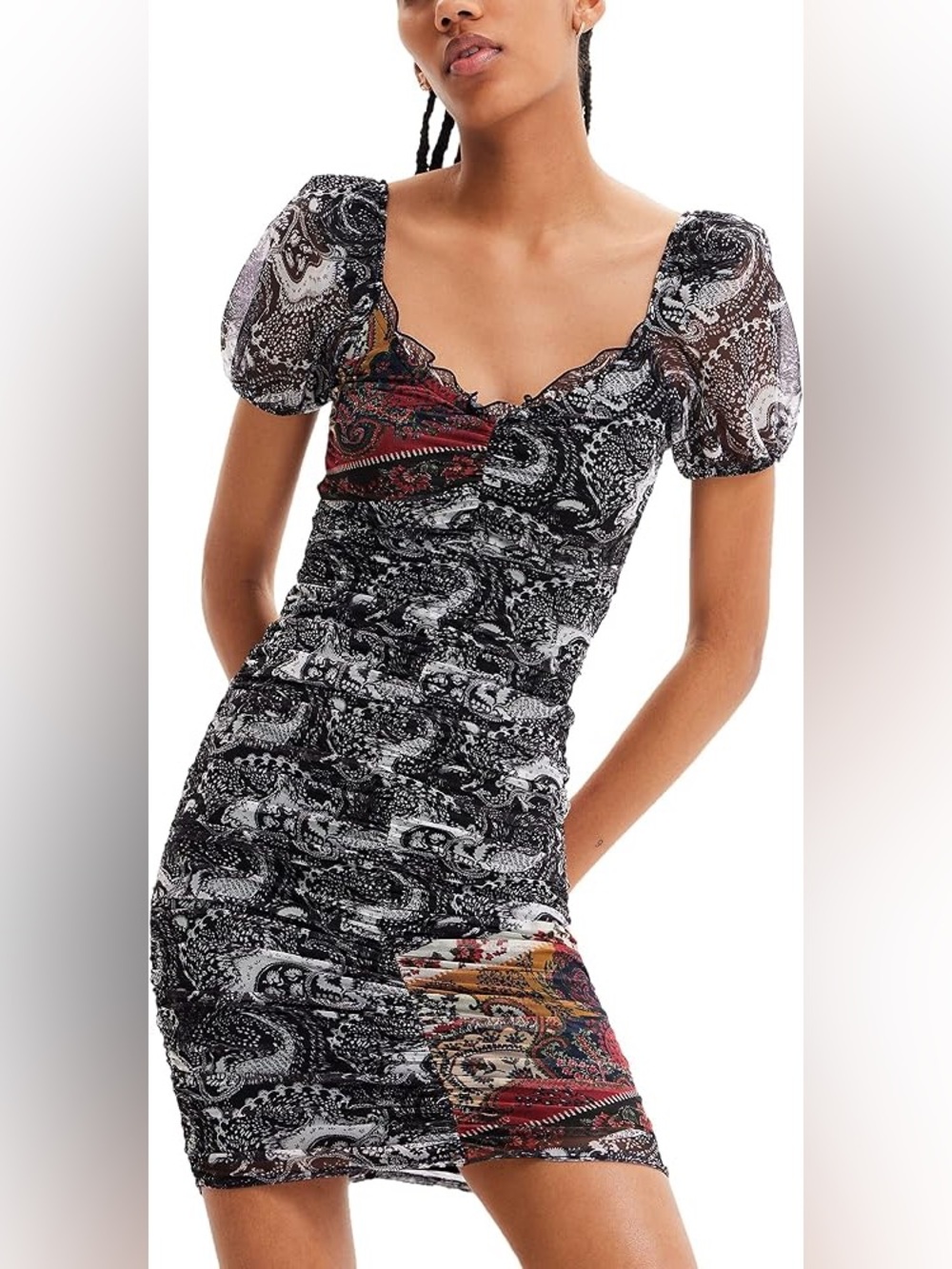 72. | Desigual | "Deepti" Bodycon Dress | Black and white paisley | XL